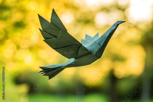 A stunning green origami bird in flight, capturing the essence of freedom against a vibrant blurred background. photo