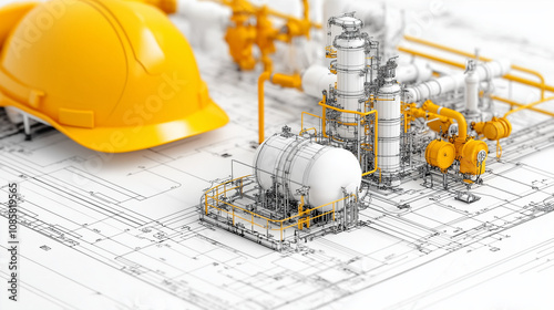 Industrial Revolution 4.0: A detailed model of a refinery sits atop engineering blueprints, with a hard hat subtly placed nearby, symbolizing the precision, innovation.