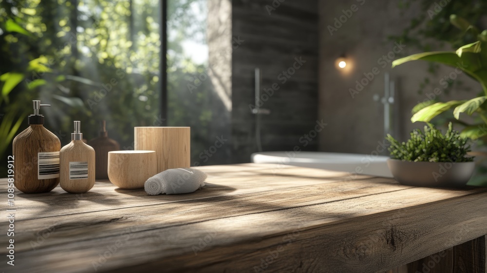 Wooden Bathroom Countertop with Spa Products and Natural Light Wooden Bathroom Countertop with Spa Products and Natural Light