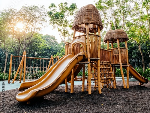 Natural bamboo playground equipment in a park with climbing structures and slides for kids  fun photo