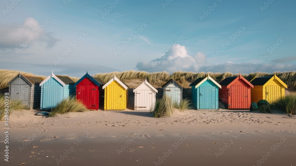 Colorful beach huts lined up along the coast on a sunny day Colorful beach huts lined up along the coast on a sunny day
