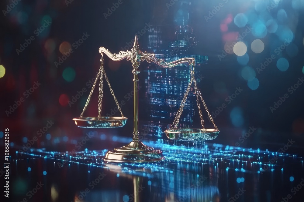 Futuristic justice judge s gavel and scales on a virtual table in digital cyberspace Futuristic justice judge s gavel and scales on a virtual table in digital cyberspace