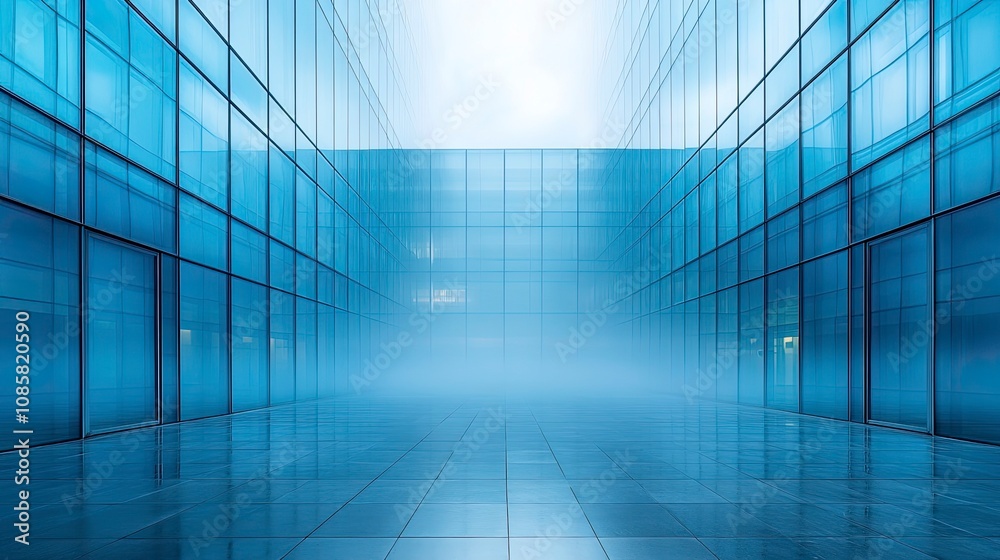 Morning fog partially obscuring top of glass curtain wall building, creating atmospheric gradient effect Morning fog partially obscuring top of glass curtain wall building, creating atmospheric gradient effect