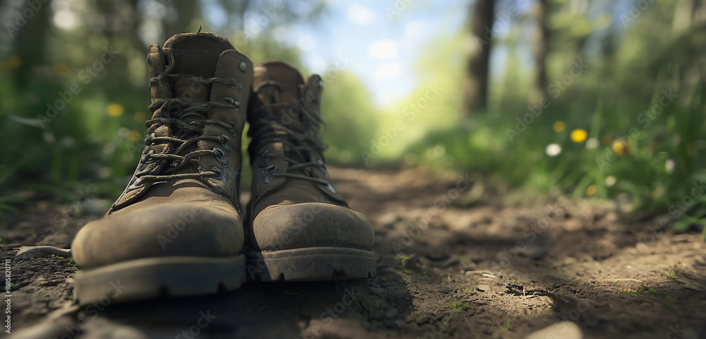 Hiking boots in the forest. Worn hiking boots on a forest path. In the background, a blurred landscape of a spring forest.