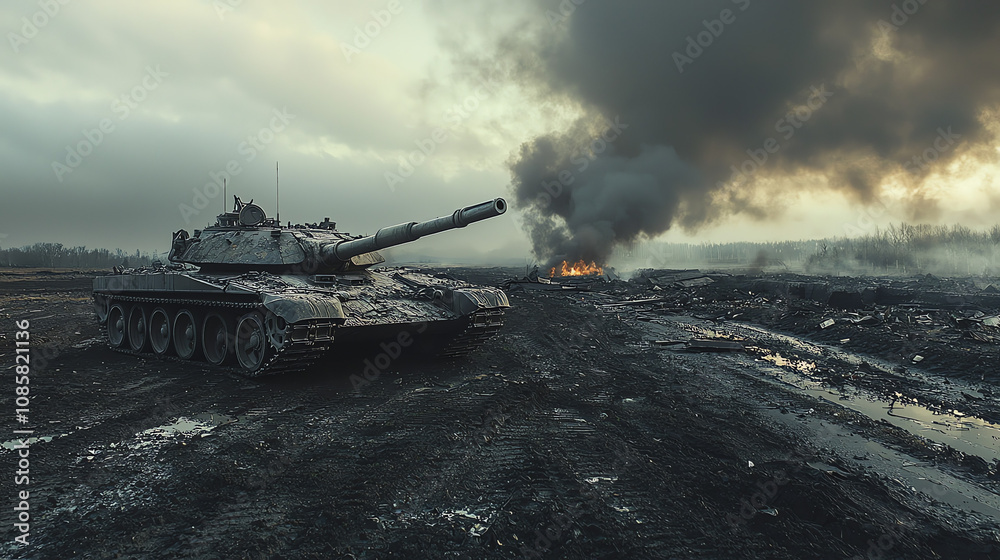 Destroyed Ukrainian tank in a barren field with dark smoke rising on a somber day Destroyed Ukrainian tank in a barren field with dark smoke rising on a somber day