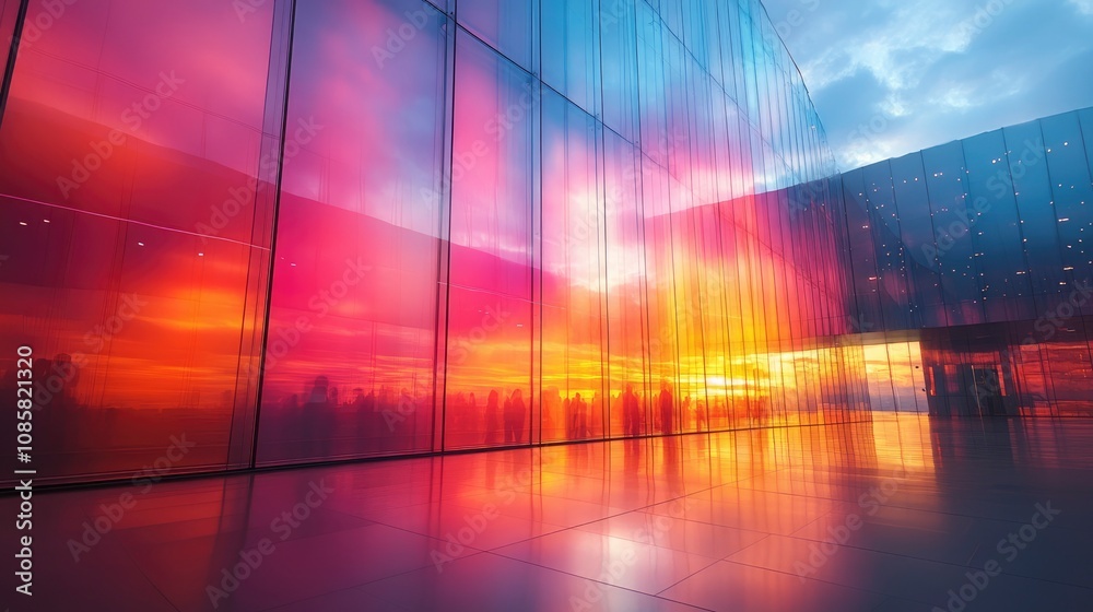 Sunset reflection creating orange and pink gradient across entire curtain wall surface Sunset reflection creating orange and pink gradient across entire curtain wall surface