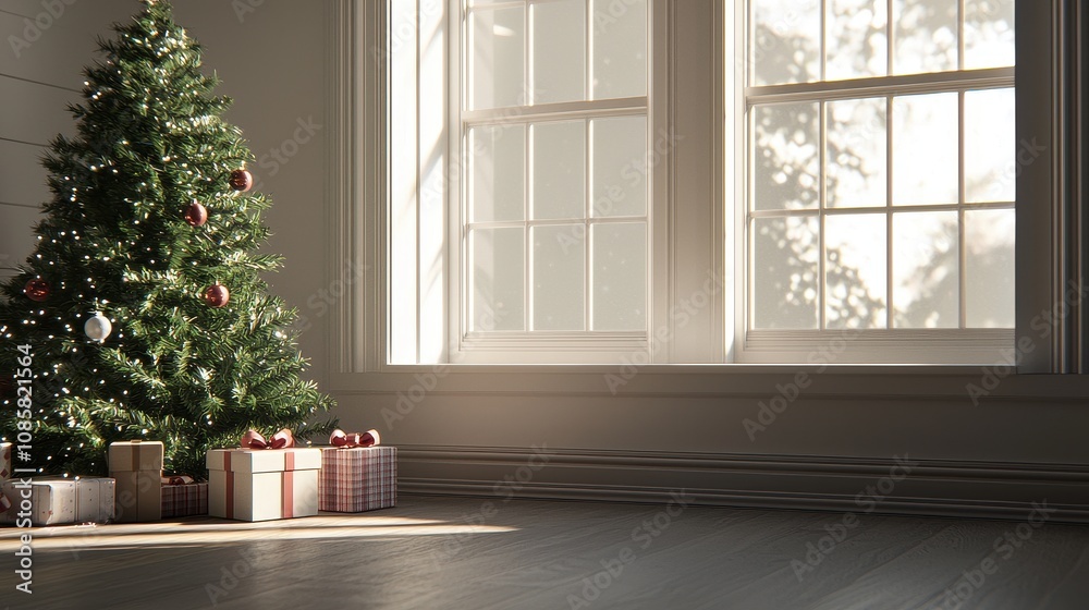 Christmas tree decorated with gifts cozy living room interior design natural light inviting atmosphere