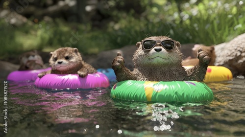 Playful Otter Family in Pond: 3D Render with Sarcastic Thumbs Up and Colorful Pool Floats | Ultra-Detailed Digital Artwork photo