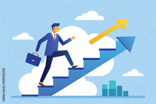 businessman climbing stairs with upward arrow symbolizing growth and success vector illustration.

