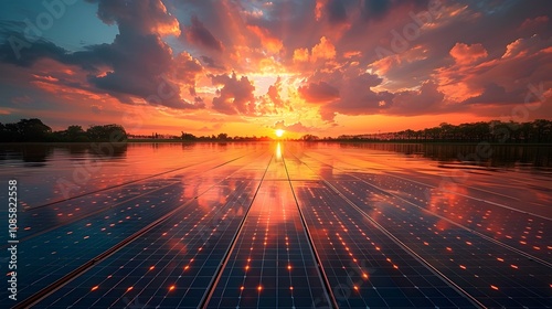 Sunset View of HydroFloating Solar Hybrid System on a Lake photo