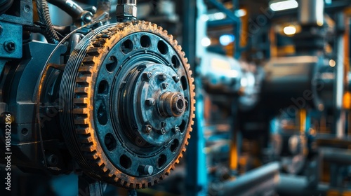 A close-up of a large mechanical component featuring intricate gears and a metallic finish, highlighting the complexity of industrial machinery.