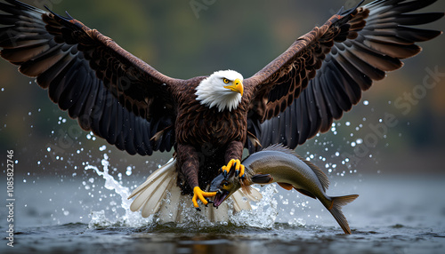 bald eagle catching a large fish from the water with splashes around