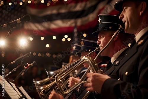 Community Band Performing Patriotic Songs on Stage Adorned with American Flags photo