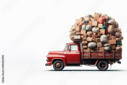 An overloaded old truck with boxes and bags. Space for text.