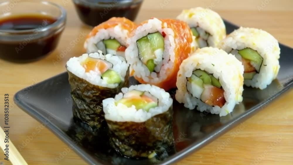 A plate of sushi with a variety of ingredients and a wooden chopstick. The sushi is arranged in a way that makes it look appetizing and inviting. Scene is one of indulgence and enjoyment A plate of sushi with a variety of ingredients and a wooden chopstick. The sushi is arranged in a way that makes it look appetizing and inviting. Scene is one of indulgence and enjoyment
