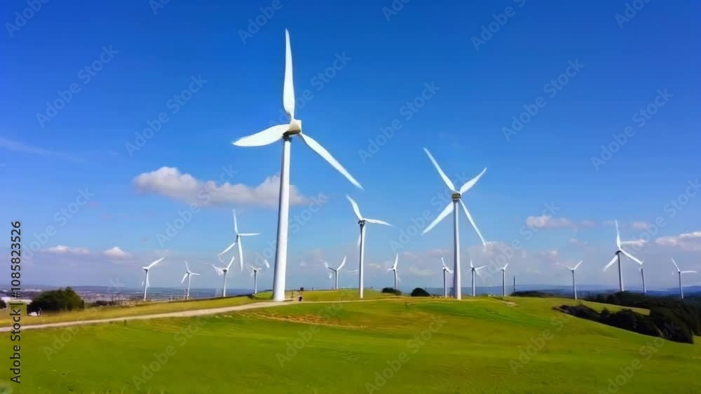 A field of wind turbines with a clear blue sky in the background. The windmills are all facing the same direction, and there are several of them in the field A field of wind turbines with a clear blue sky in the background. The windmills are all facing the same direction, and there are several of them in the field