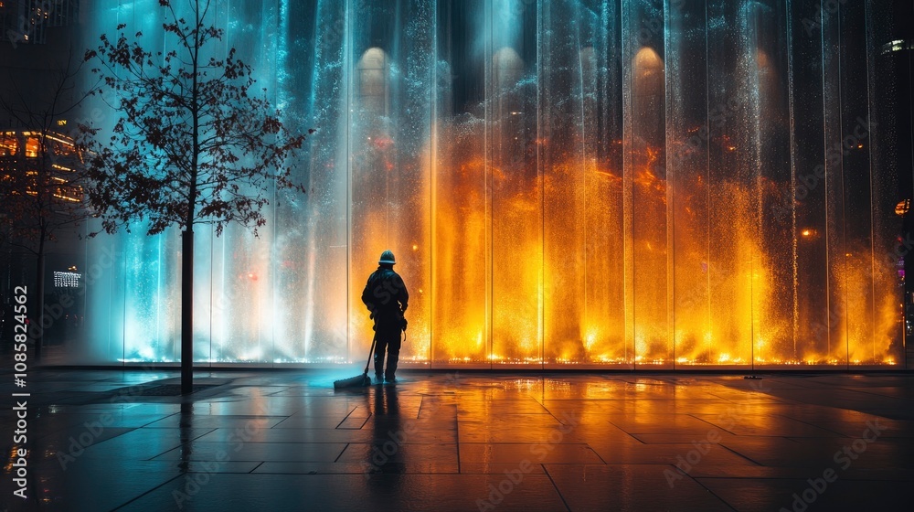 Night cleaning crew working behind illuminated curtain wall panels Night cleaning crew working behind illuminated curtain wall panels