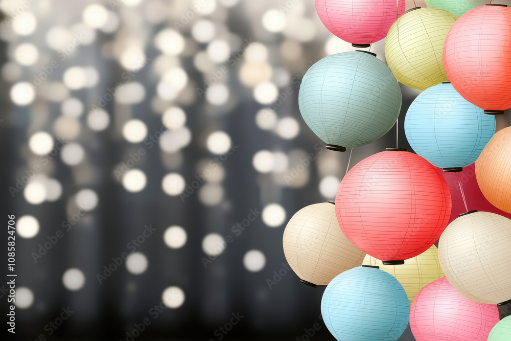 Naklejka premium Colorful lanterns illuminate festive atmosphere, perfect for family gatherings during Lunar New Year celebrations, symbolizing joy and togetherness