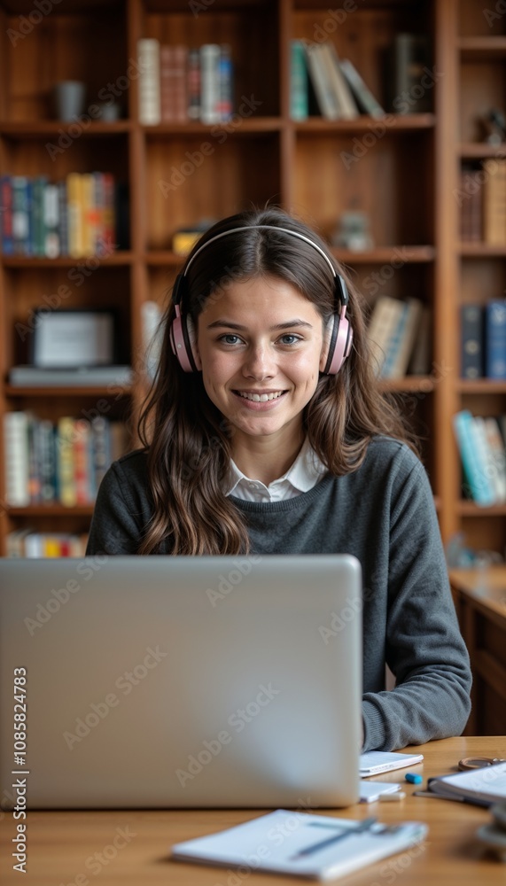 Smiling young student wearing headphones and taking notes at a desk with a laptop Smiling young student wearing headphones and taking notes at a desk with a laptop