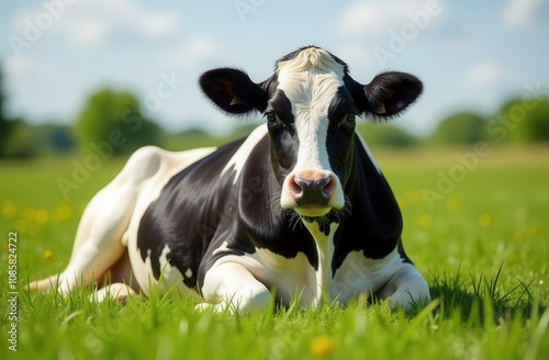 A black and white cow lies in the grass, looking at the camera