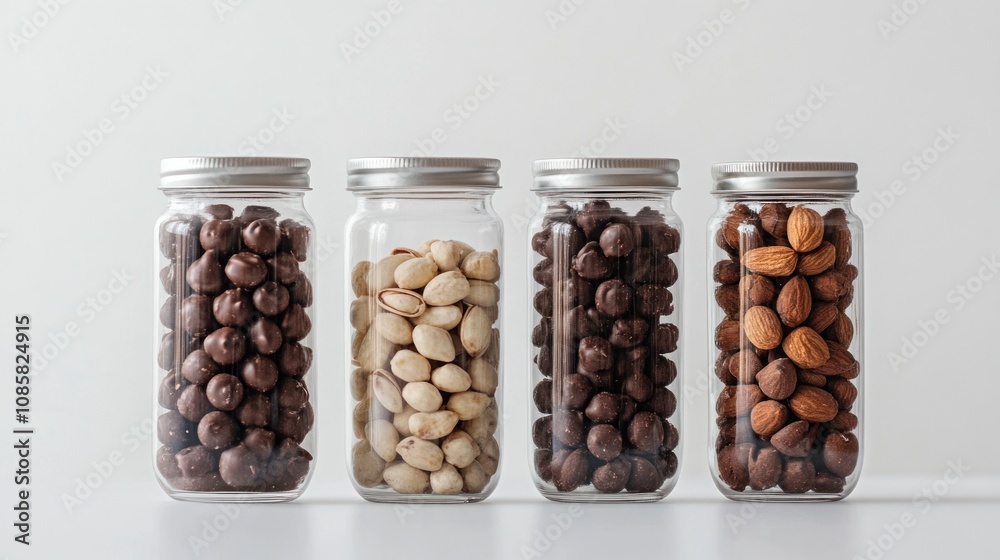 Various chocolate-coated nuts in elegant glass jars, minimalistic presentation Various chocolate-coated nuts in elegant glass jars, minimalistic presentation