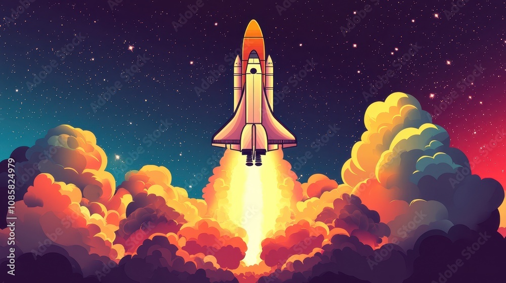 Fototapeta premium Space Shuttle Ascending Through Colorful Clouds and Stars