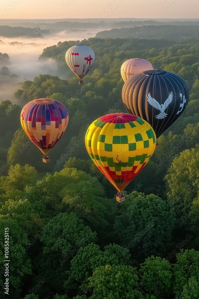 Fototapeta premium A cluster of colorful hot air balloons rising into the sky, each adorned with symbols of faith like crosses and doves. The soft morning light creates a mystical ambiance around the ascending vessels 