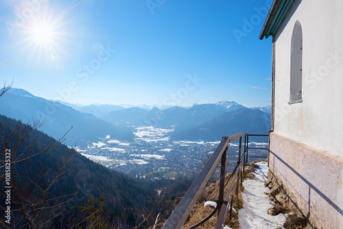 view from lookout place Riederstein to the snowy valley, upper bavaria