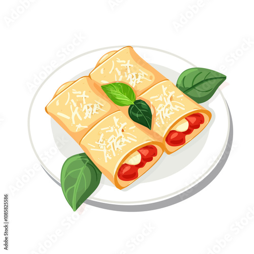 Simple flat 2D illustration of a cannelloni with meat filling isolated on a white background, vector 2D design, icon