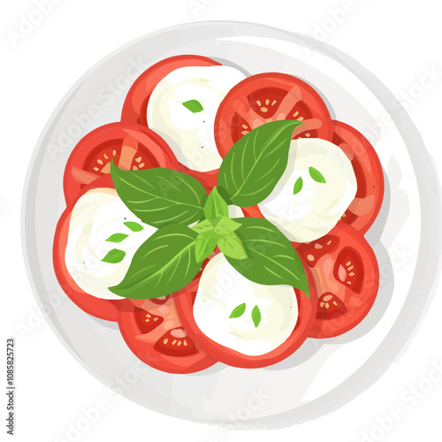 Simple flat 2D illustration of Caprese salad isolated on a white background, vector 2D Caprese salad, flat design, vector, simple illustration  tomato and basil and mozzarella cheese in a plate