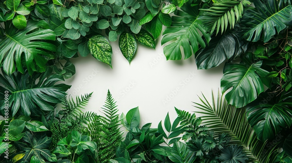 A lush arrangement of green leaves framing a blank space for text or visuals. A lush arrangement of green leaves framing a blank space for text or visuals.