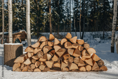 A pile of firewood neatly arranged in the snow near a forest cabin, showcasing cleanly cut logs in a wintery outdoor setting. photo