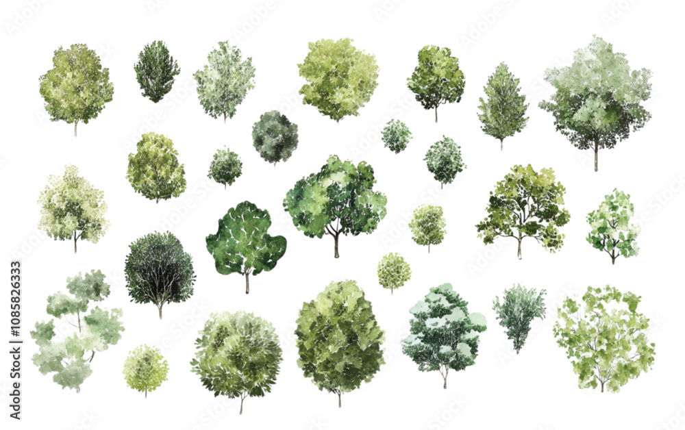 A collection of minimalist vector outline trees, ideal for architectural plans