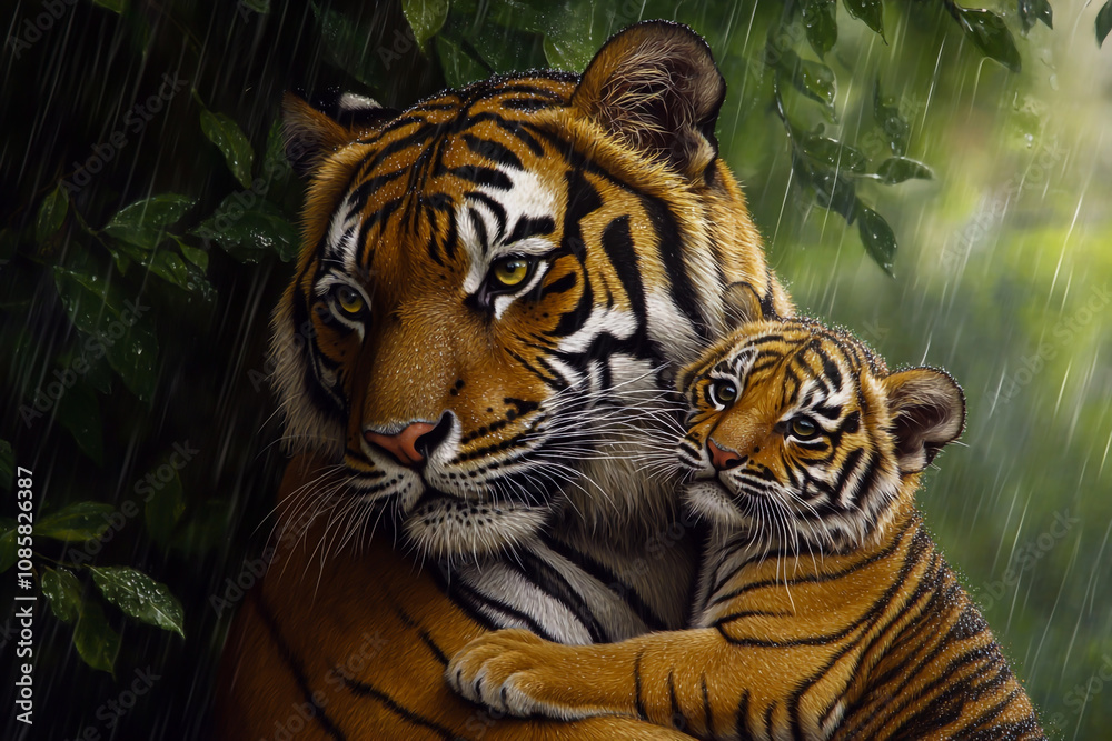 Fototapeta premium A beautiful tiger mother with her cubs, sitting on a tree trunk in the rain