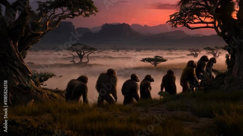 Evolutionary Timeline Depicting Early Hominids in African Landscape at Sunrise
