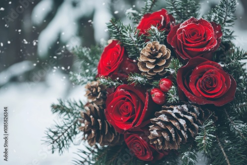 Winter bride s bouquet featuring red roses, fir branches, pine cones, rings, and snowflakes photo