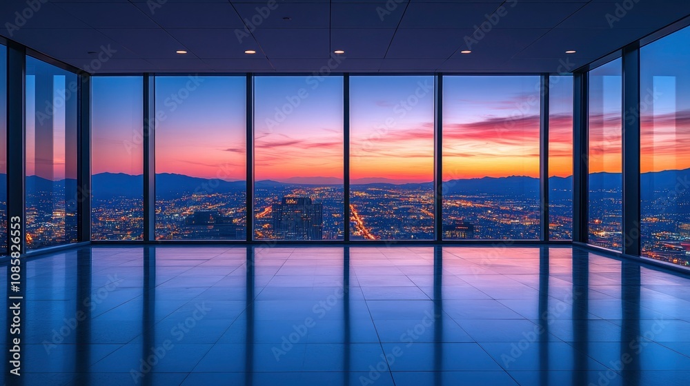 Fototapeta premium Night view of empty office with curtain wall showing city lights beyond