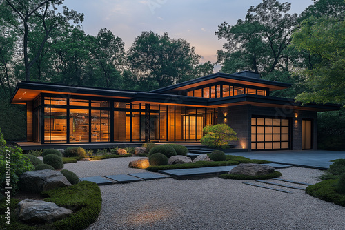 maison moderne, avec jardin japonais, zen, plan extérieur maison 3D réaliste, HDR, photographie immobilière, décoration, tendance, architecte, design, mode, fonctionnel, moderne, élégant photo