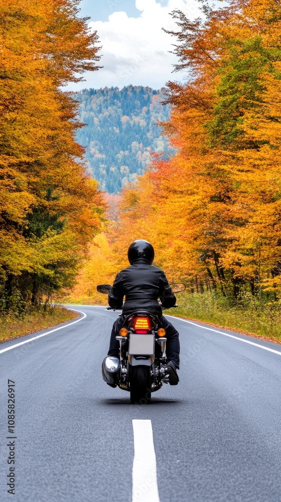 A biker in black gear rides a motorcycle down a winding road surrounded by vibrant autumn foliage in a tranquil nature setting A biker in black gear rides a motorcycle down a winding road surrounded by vibrant autumn foliage in a tranquil nature setting