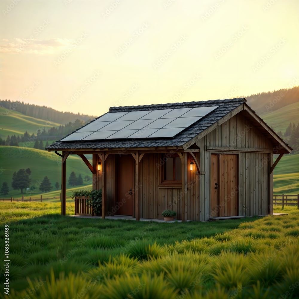 Obraz premium Eco-friendly mountain cabin. A rustic wooden cabin with solar panels on the roof is nestled in a picturesque mountain meadow at sunset.