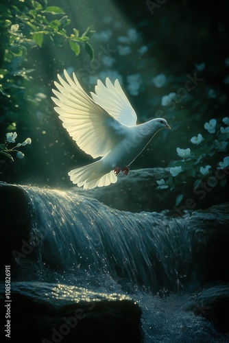 A shimmering waterfall cascading over a rocky cliff, forming a pool of crystal-clear water at its base where a white dove alights, bathed in gentle sunlight as a symbol of purity and peace 