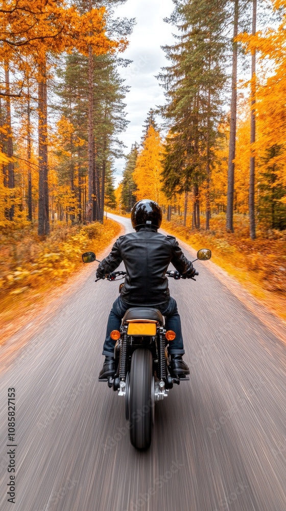 Biker in black and helmet cruising through a serene autumn landscape on a winding road amidst vibrant foliage Biker in black and helmet cruising through a serene autumn landscape on a winding road amidst vibrant foliage