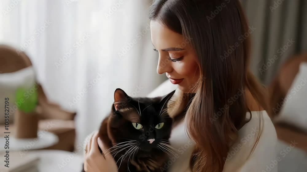 A lovely woman gently strokes her pet's head, while the satisfied cat purrs contentedly in her arms A lovely woman gently strokes her pet's head, while the satisfied cat purrs contentedly in her arms