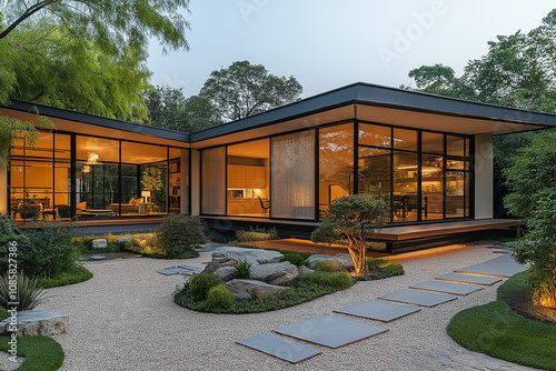 maison moderne, avec jardin japonais, zen, plan extérieur maison 3D réaliste, HDR, photographie immobilière, décoration, tendance, architecte, design, mode, fonctionnel, moderne, élégant photo