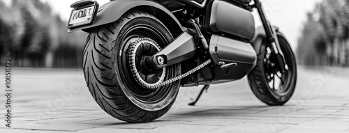 Close-up view of an electric motorcycle's rear wheel and chain showcasing intricate details and dynamic composition in vibrant black and white photo