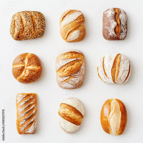 Bakery products, various types of breads and rolls arranged in rows on a white background