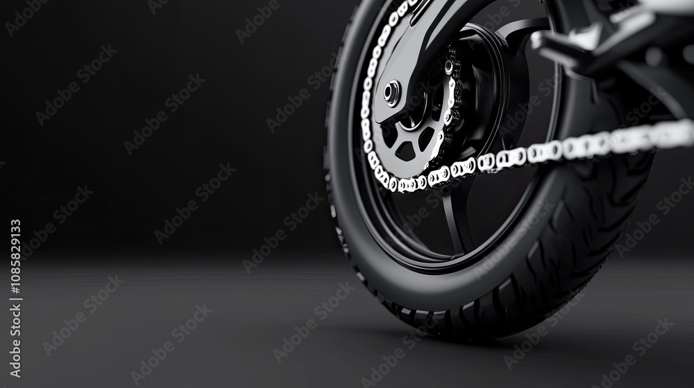 Exploring the intricate details of an electric motorcycle's rear wheel and chain in striking black and white artistry Exploring the intricate details of an electric motorcycle's rear wheel and chain in striking black and white artistry