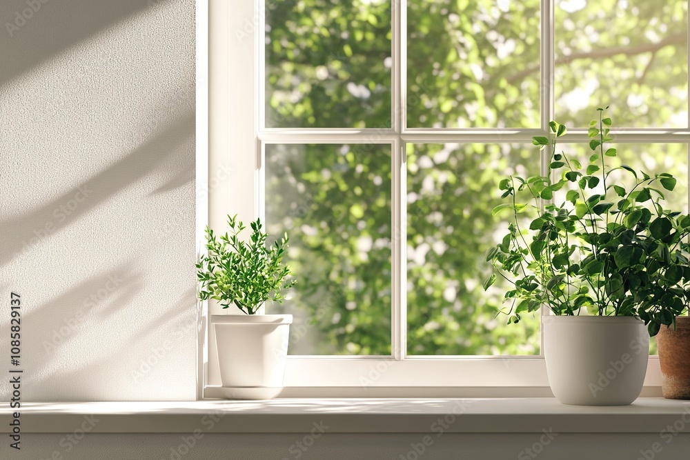 3D render close up of a garden view white bay window with a green minimal leaves plants in a pot. Morning sunlight show beautiful window frame shadow. Background, Mock up, Products overlay, 3D render close up of a garden view white bay window with a green minimal leaves plants in a pot. Morning sunlight show beautiful window frame shadow. Background, Mock up, Products overlay,