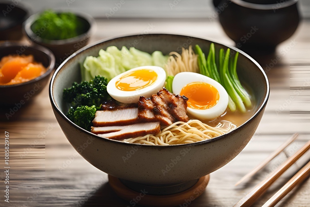 A steaming bowl of ramen with golden, rich broth, topped with tender chicken, a soft-boiled egg, and fresh vegetables. Bright lighting to emphasize the freshness of the ingredients. Add steam effec A steaming bowl of ramen with golden, rich broth, topped with tender chicken, a soft-boiled egg, and fresh vegetables. Bright lighting to emphasize the freshness of the ingredients. Add steam effec