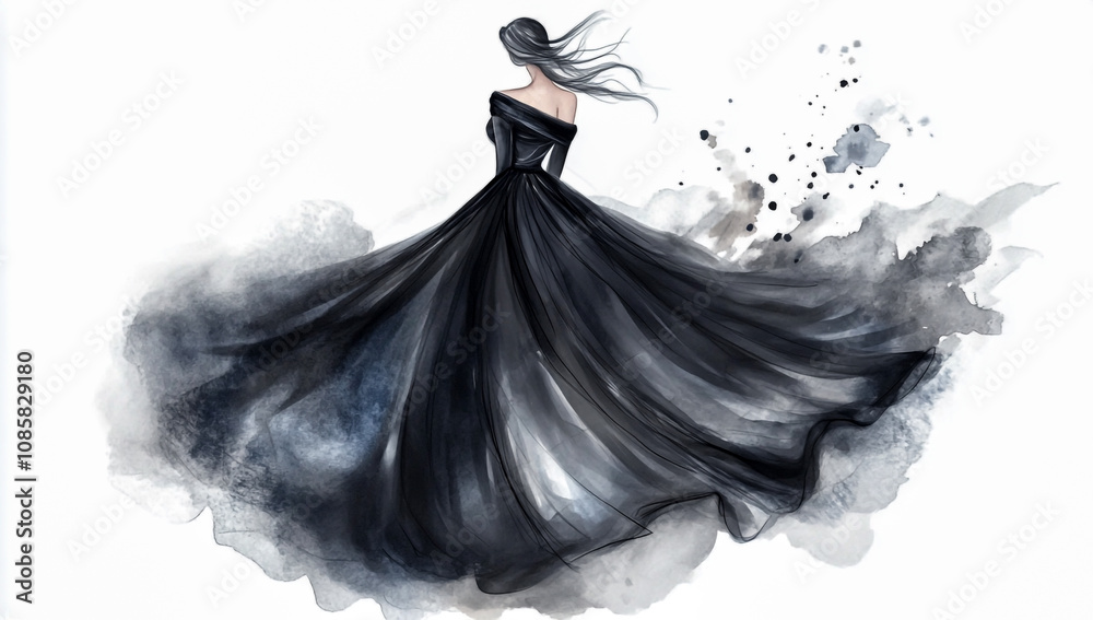Fototapeta premium A black dress with a skirt, a fashion illustration depicting an elegant and sophisticated style on a white background.
